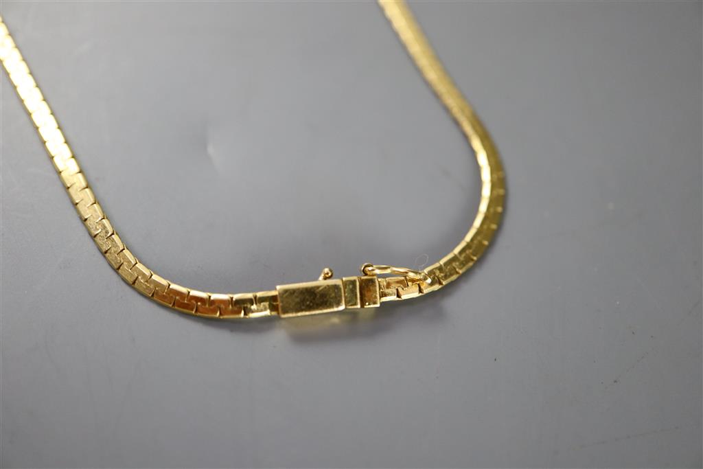 A modern 18ct gold flattened link and solitaire diamond set necklace,